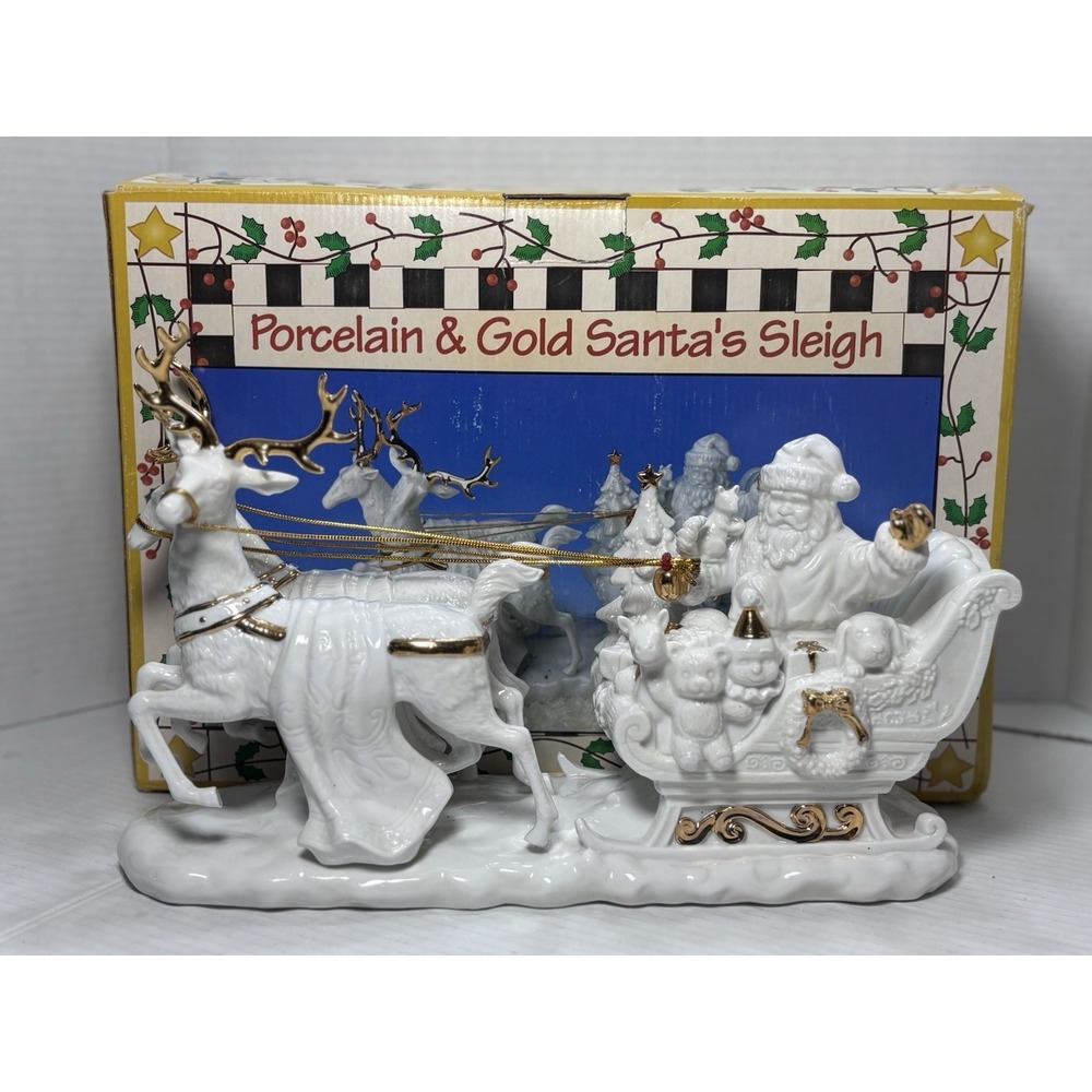 Vintage Porcelain & Gold Santa's Sleigh Figurine 12" Christmas‎ Decor RARE